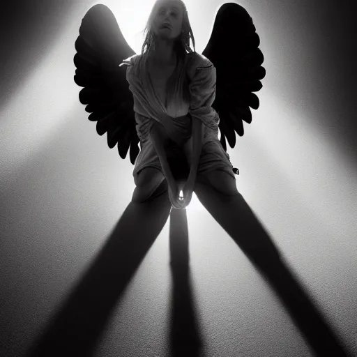 Prompt: hyperrealism character art, fallen angel crouched down in a pillar of light, wings open, high contrast hd optics, 8 k dop dof, by bastion lecouffe - deharme