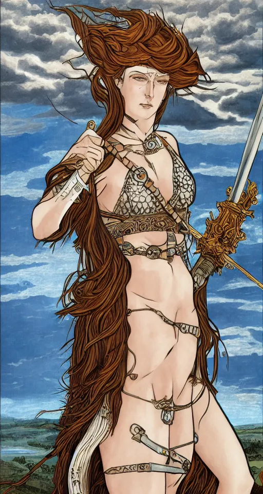 Image similar to boudica the barbarian queen, in a mixed style of Botticelli and Æon Flux, inspired by pre-raphaelite paintings and shoujo manga, a misty moor landscape in the background, hyper detailed, stunning inking lines, flat colors, 4K photorealistic