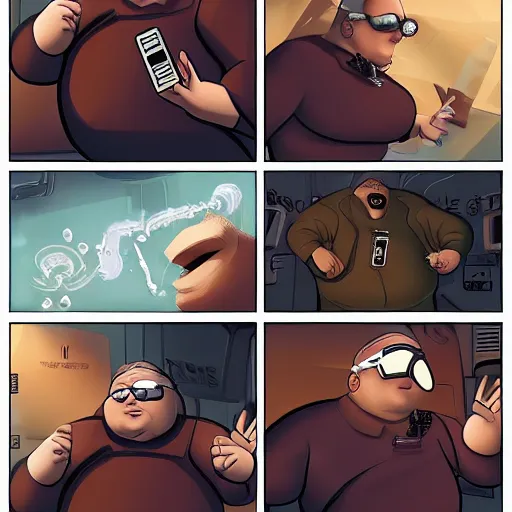 Prompt: a morbidly obese man with cybernetic appednages smoking a cigar, and pointing angrily at the screen, futuristic, comic book, sci-fi, artstation, 8k, ultradetailed