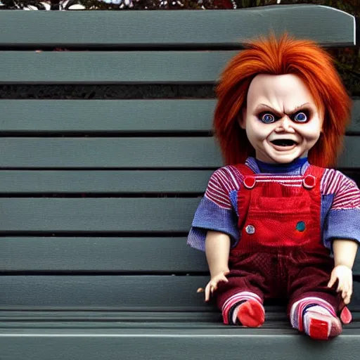 Image similar to chucky the killer doll standing on a park bench