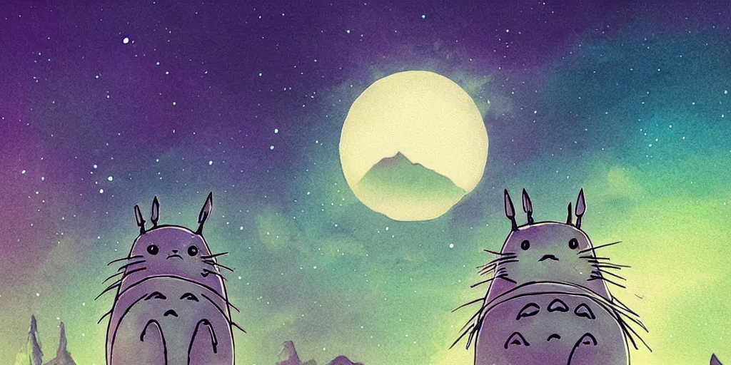 Image similar to glowing wireframe totoro, mountain landscape, night sky, digital art, digital painting, celestial, majestic, colorful