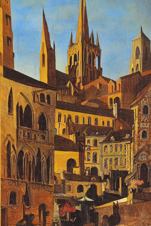 Prompt: a painting by max ernst of a medieval town square with a looming cathedral