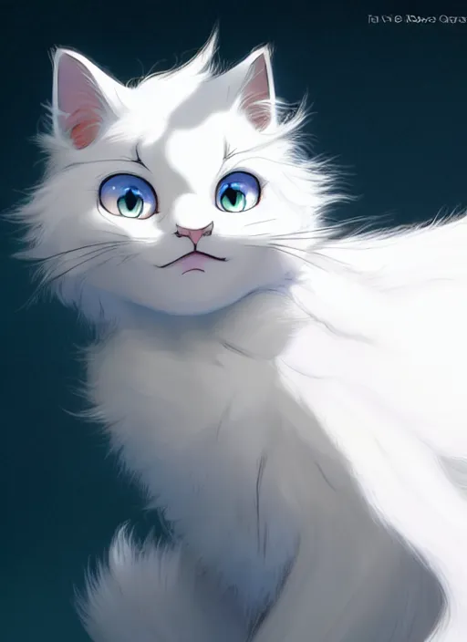 Image similar to fluffy white cat, natural lighting, path traced, highly detailed, high quality, cartoon, digital painting, by don bluth and ross tran and studio ghibli and alphonse mucha