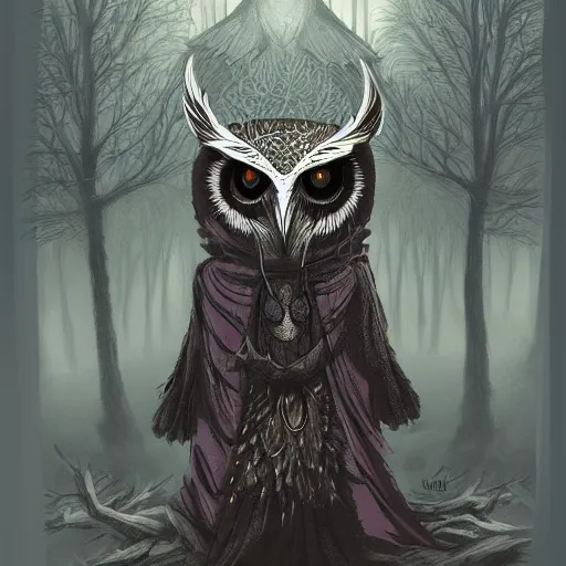 Image similar to goddess of owls, hooded, owl mask, feathered robes, ritual in a forest, devouring, dark, moody, fog, trending on artstation, concept art
