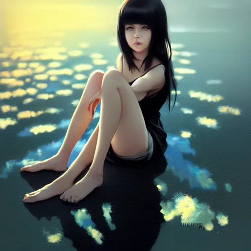 Prompt: very tiny girl by artgerm, green eyes and long black hair by ilya kuvshinov, sitting in a crystal clear lake painted by rembrandt, rtx reflections, octane render 1 2 8 k, extreme high intricate details by wlop, digital anime art by ross tran, wide shot, composition by tom bagshaw, lighting by wlop