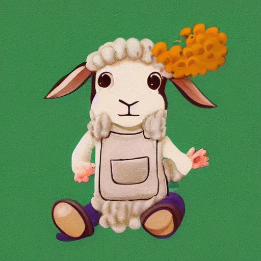 Prompt: A sheep wearing overalls, children's illustration, illustration, artstation, cute