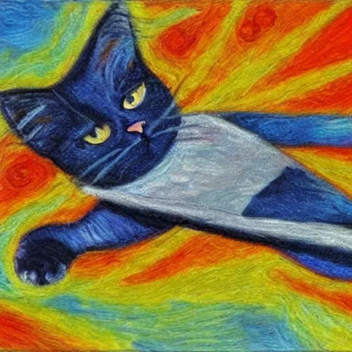 Image similar to a cat flying a space ship, impressionism