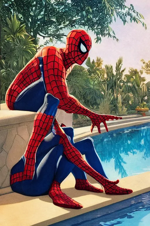 Prompt: Spider man sitting down Next to a pool, golden hour, in a garden, artstation, by J. C. Leyendecker and Peter Paul Rubens