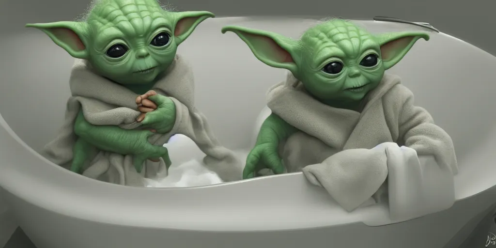 Image similar to Baby Yoda sitting in a tub taking a bubble bath, hyperdetailed, artstation, cgsociety, 8k