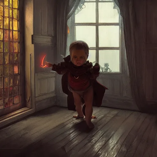 Image similar to evil baby eating demon in old house, highly detailed, digital painting, interior, artstation, concept art, smooth, sharp focus, illustration, Unreal Engine 5, 8K, art by artgerm and greg rutkowski and alphonse mucha