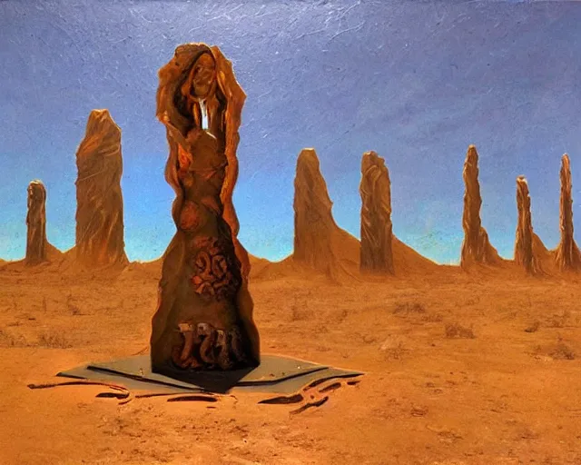 Prompt: strange cyberpunk pagan giant monument in the middle of the desert in the style of dali and bosch and moebius, oil painting