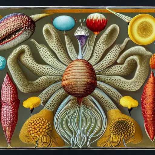 Image similar to Scientific diagram of the Krabby Patty secret formula, by Ernst Haeckel, medical illustration, oil on canvas