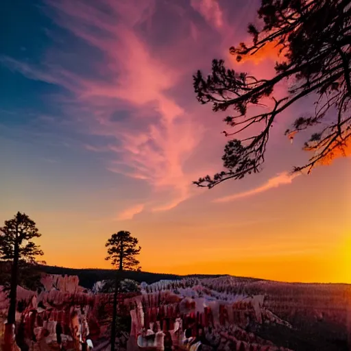 Image similar to sunset light landscape with bryce canyon, lots of sparkling details and sun ray ’ s, blinding backlight, smoke, volumetric lighting, colorful, octane, 3 5 mm, epic colored reflections, very colorful heavenly, softlight