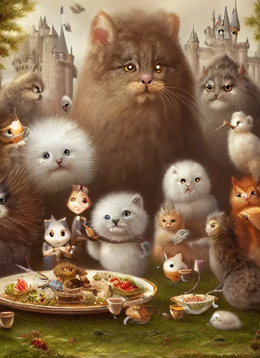 Image similar to highly detailed group closeup portrait of cute fluffy animals having a banquet in a castle, unreal engine, nicoletta ceccoli, mark ryden, earl norem, lostfish, global illumination, god rays, detailed and intricate environment