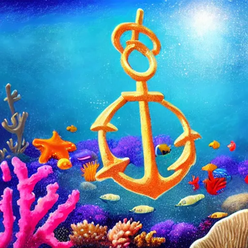 Image similar to an anchor in the sand near a coral reef surrounded by sea creatures, concept art, highly detailed, high quality, bright colors