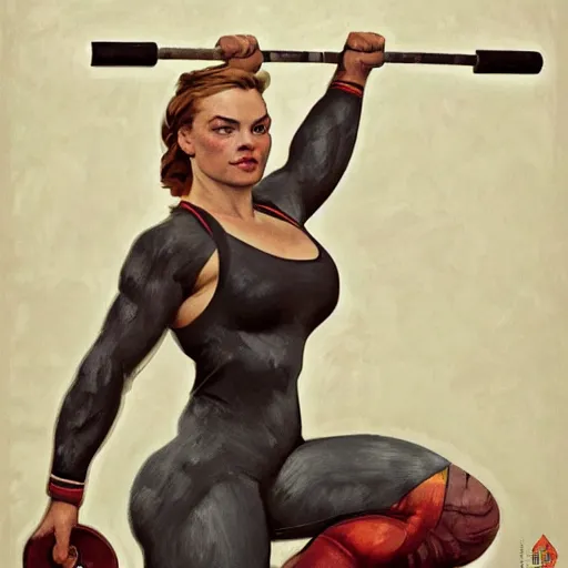 Image similar to socialist realism propaganda poster of margot robbie as beautiful female weightlifter, socialist realism, highly detailed, intricate, digital painting, artstation, sharp focus, illustration, art by jakub rozalski, greg rutkowski, artgerm, tan zi and ayanamikodon and alphonse mucha and wlop