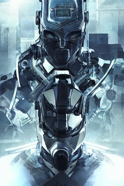 Image similar to cyber cyborg ninja mask helmet metal gear solid artic suit swat commando, global illumination ray tracing hdr fanart arstation by sung choi and eric pfeiffer and gabriel garza and casper konefal, a spectacular view cinematic rays of sunlight comic book illustration, by john kirby