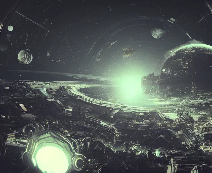 Image similar to a space junkyard forming a tilted disk in black starless space, a graveyard of space stations and giant space structures, dark sci - fi game screen, solid black background, everything fits on the screen, octane render