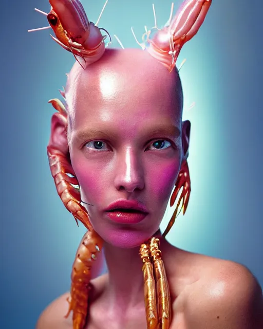 Prompt: natural light, soft focus portrait of a cyberpunk anthropomorphic shrimp with soft synthetic pink skin, blue bioluminescent plastics, smooth shiny metal, elaborate ornate head piece, piercings, skin textures, by annie leibovitz, paul lehr