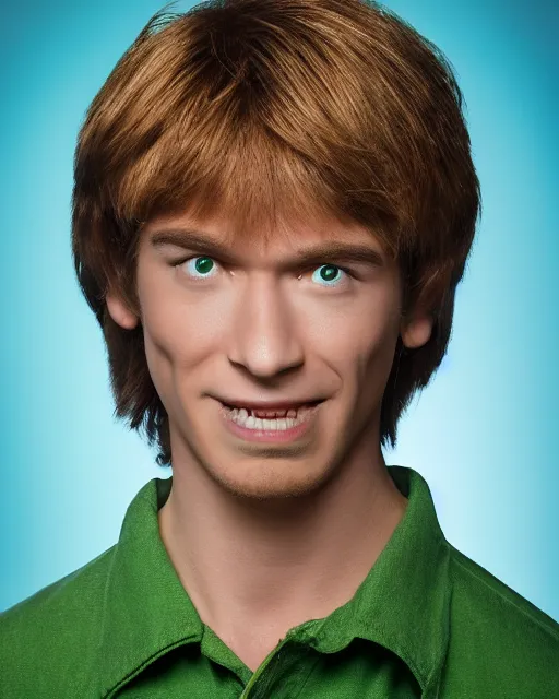 Image similar to dramatically - lit closeup portrait photograph of norville shaggy rogers from the scooby - doo live - action film ( 2 0 0 2 ), sharp details, vignette, high saturation, smooth textured skin, subsurface scattering, green shirt, photograph by mark mann and martin schoeller, 4 k, soft focus, centered, symmetrical