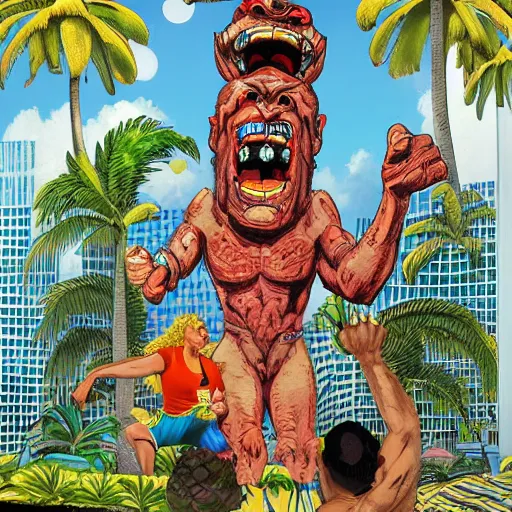 Image similar to A rampaging giant tropical tiki, stomping on cars and holding a screaming woman in his hand John Byrne layout, modern digital art finishing, high detail,