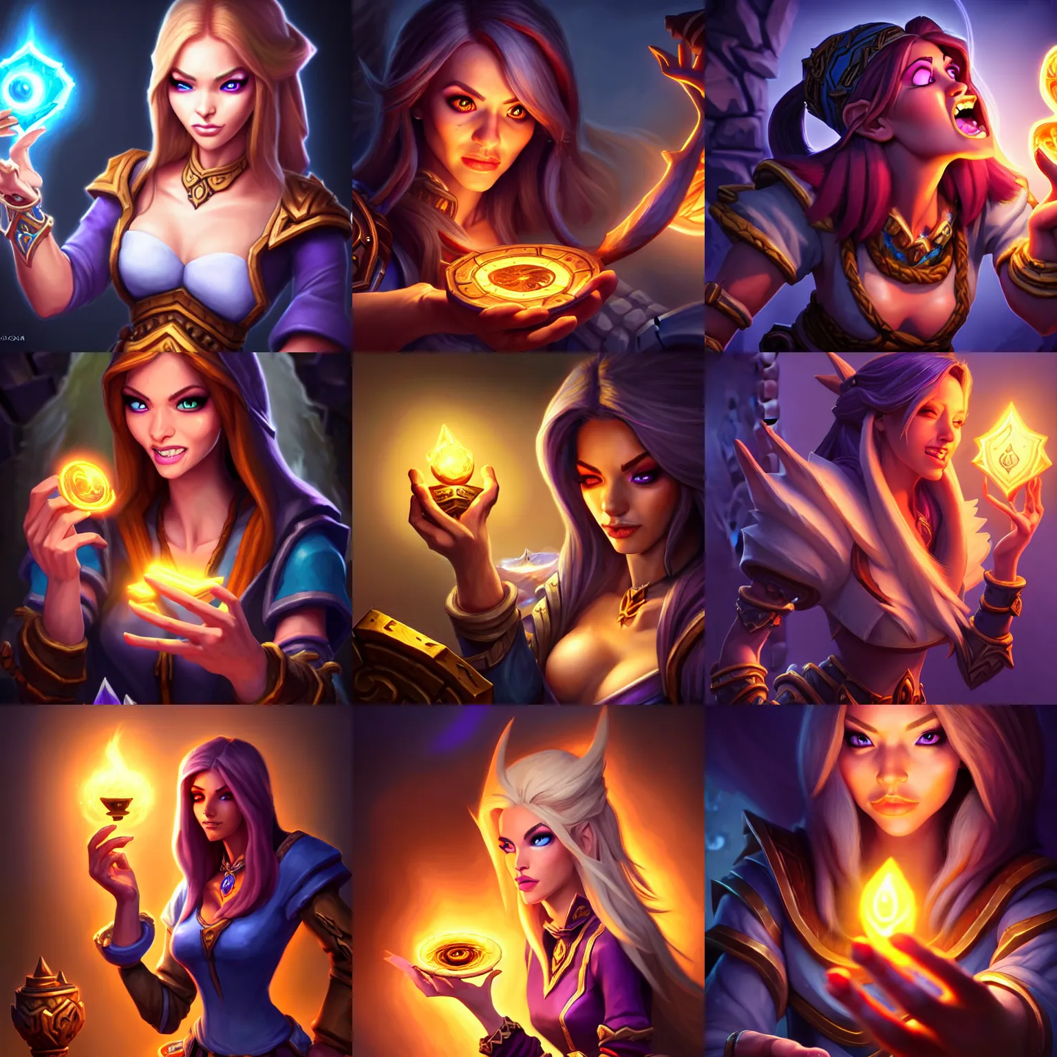 Prompt: Full body Hearthstone official professional art, with realistic beautiful face & eyes. A sorceress finding a treasure. Insanely coherent and well drawned physical body parts. Full body, sharp focus, 8k high definition, insanely detailed, intricate, elegant, smooth, sharp focus, ArtStation. Very detailed hands with 5 coherent fingers.