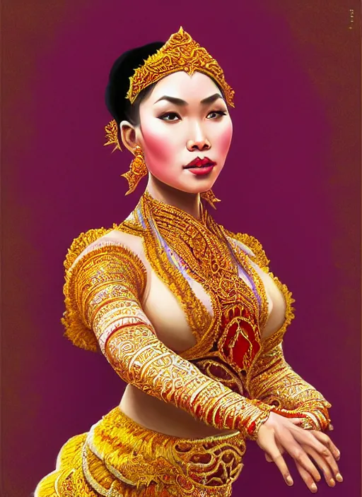 Image similar to beautiful javanese traditional dancer, surealism, aesthetic, shiny, fantasy, intricate, elegant, extremely higly detailed, digital painting, artstation, body symmetrical, baroque, concept art, photoshop, krita, smooth, sharp focus, full body focus, illustration, digital painting, art by artgerm and greg rutkowski and alphonse mucha