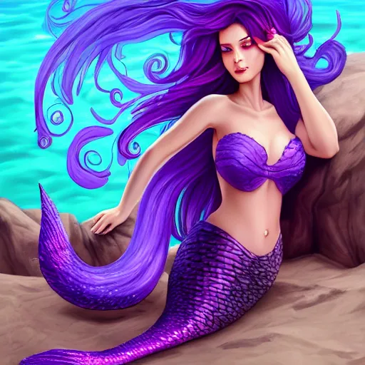 Prompt: a mermaid with a purple tail, 4k digital art, award-winning, masterpiece, artstation, hyperdetailed