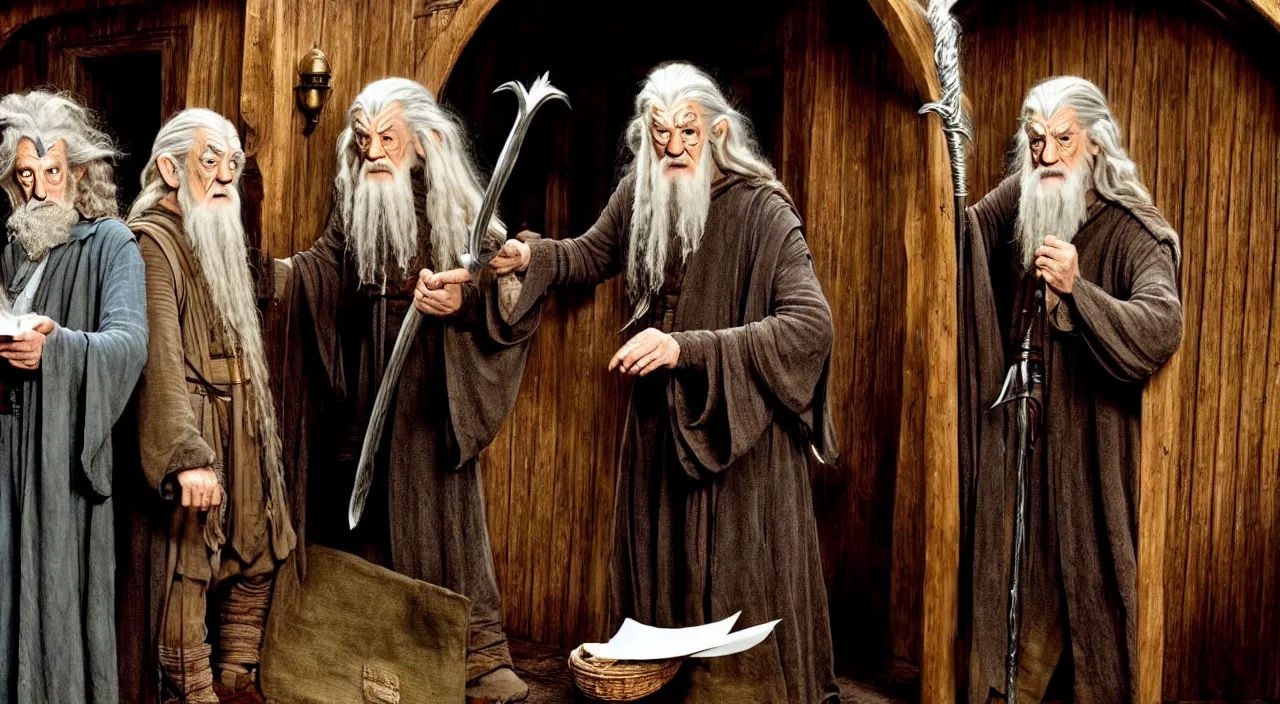 Image similar to gandalf and frodo in bag end, gandalf is holding an envelope, bag end in the style of h. r. giger, image from a movie