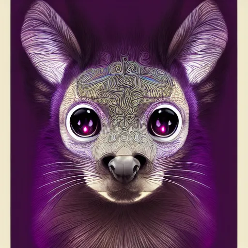 Image similar to Geometric symmetrical purple lemur, sun in the background, intricate, elegant, highly detailed, digital painting, artstation, concept art, smooth, sharp focus, illustration, art by artgerm