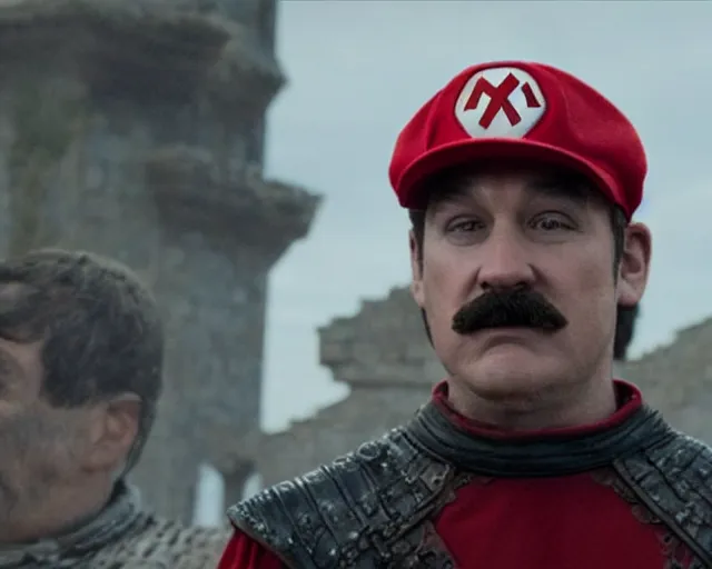 Prompt: promotional image of real life super mario in game of thrones, realistic, red cap with a capital M, dark hair, red clothes, detailed face, movie still frame, promotional image, imax 70 mm footage