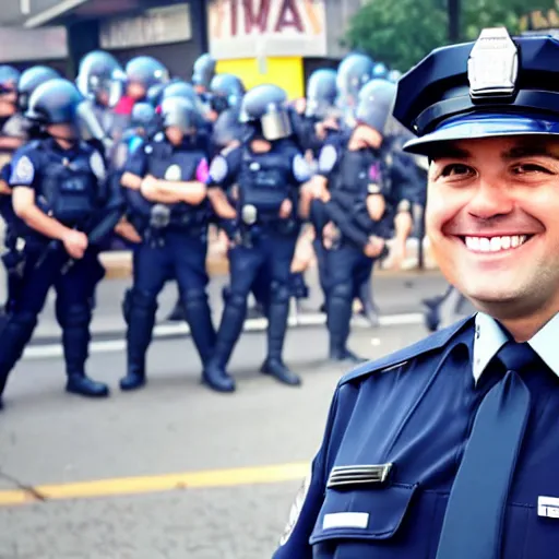 Image similar to smiling cop takes a selfie in front of a riot, time magazine 2 0 2 2, high detail, 8 k