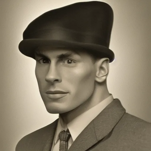 Image similar to A photograph portrait of Jerma985 wearing a suit with and fedora in the 1940s, taken in the early 1940s, grainy, taken on a 940s Kodak Camera, realistic, hyperrealistic, very realistic, highly detailed, very detailed, extremely detailed, detailed, digital art, trending on artstation