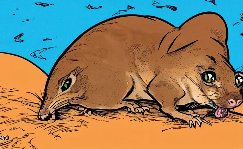 Prompt: incredible eye catching comic panel showing a desert mouse riding a sandworm of the deep desert, close up shot of the mouse's face struggling to steer the beast