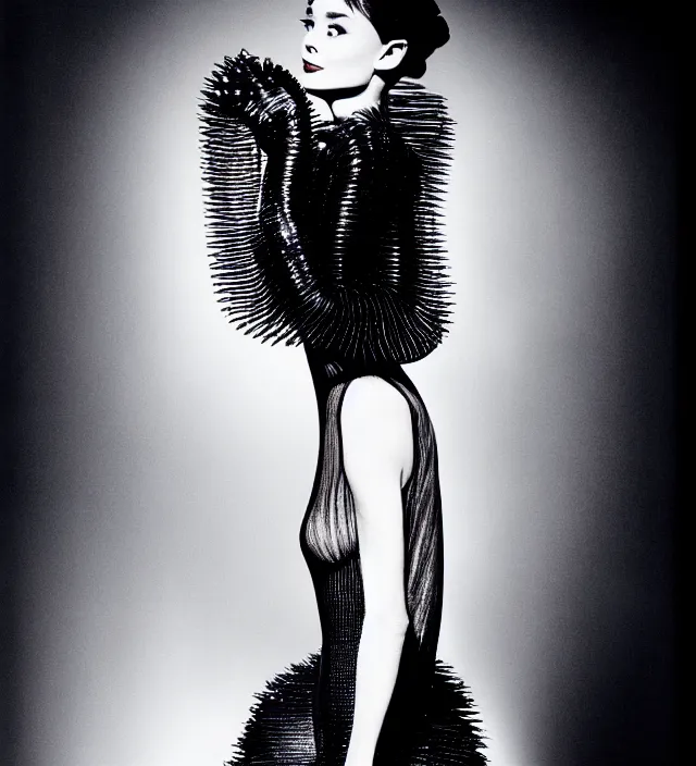 Image similar to photography of seductive actress audrey hepburn wearing an exraordinnary but element dresse by * iris van herpen *. accent lighting,, highly detailed, photography by paolo roversi, nick knight, helmut newton, avedon, araki