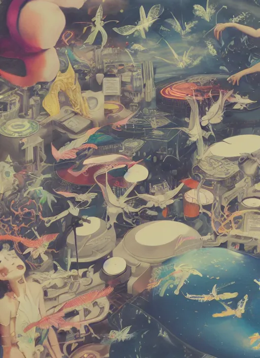 Image similar to surreal gouache painting, by yoshitaka amano, by ruan jia, by Conrad roset, by good smile company, detailed anime 3d render of a Magical flying Vinyl records , DJ Mixer, deck surrounded by Dragonflies, Vinyl records, controller, portrait, cgsociety, artstation, rococo mechanical and Digital and electronic, dieselpunk atmosphere