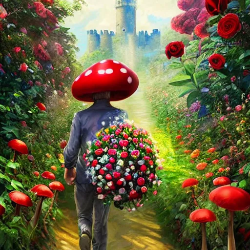 Prompt: portrait of Mario, walking through a garden of exotic flowers in the Mushroom Kingdom, giant red and white spotted mushrooms, and roses, from behind, Castle in distance, birds in the sky, sunlight and rays of light shining through trees, beautiful, solarpunk!!!, highly detailed, digital painting by Michael Garmash and Peter Mohrbacher