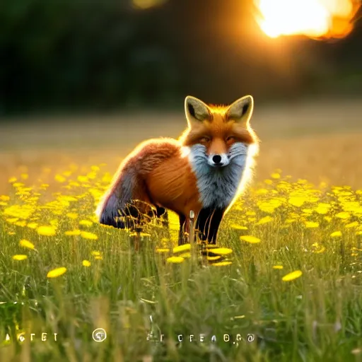 Prompt: A fox in a field of dandelions, golden hour, 50mm close up, beautiful, f/11, bokeh depth of field