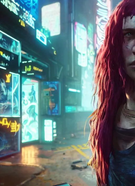 Prompt: portrait of Lauren Layfield as a homeless character in Cyberpunk 2077, looking at camera, intricate, dystopian, sci-fi, extremely detailed, digital painting, artstation, concept art, smooth, sharp focus, illustration, intimidating lighting, incredible art by artgerm and greg rutkowski and alphonse mucha and simon stalenhag