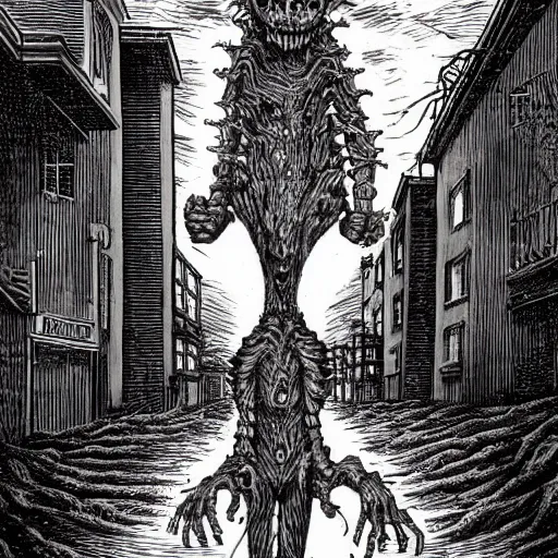 Prompt: creature standing in the middle of the street by Junji Ito and Keith Thompson, eerie, horror, scary, ominous, 8k, highly detailed