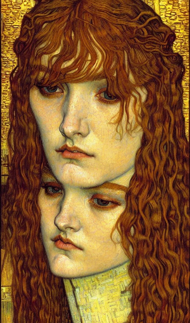 Image similar to detailed realistic beautiful young medieval queen face portrait by jean delville, gustav klimt and vincent van gogh, art nouveau, symbolist, visionary, gothic, pre - raphaelite, muted earthy colors, desaturated