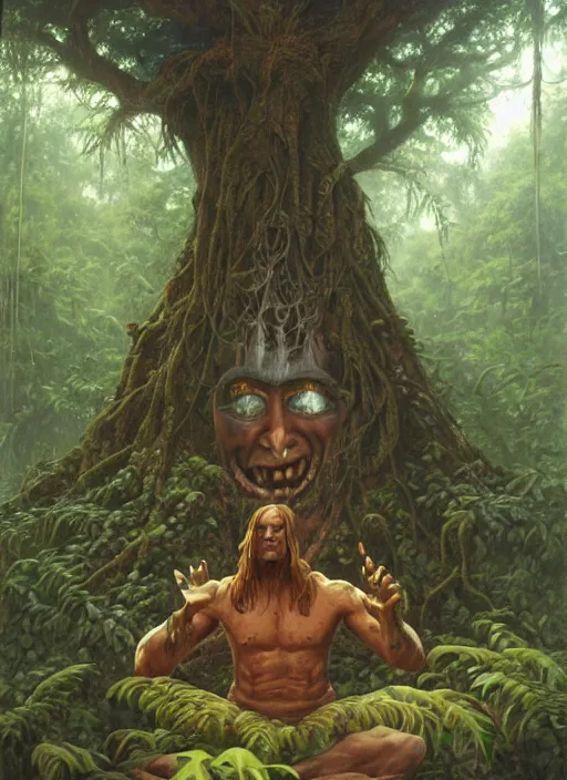 Image similar to a shaman sitting in the jungle, with giant face of an ancestor in a tree behind him, hyper detailed, art by christophe vacher