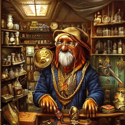 Image similar to A Anthropomorphized friendly parrot trader in his shop, selling his wares, portrait, items, gold, carpet, window, sly expression, cunning expression, presenting wares, holding a gold bag, D&D, fantasy, cinematic lighting, highly detailed, digital painting, artstation, concept art, smooth, sharp focus, illustration, warm light, cozy warm tint, magic the gathering artwork, volumetric lighting, 8k, art by Akihiko Yoshida, Greg Rutkowski