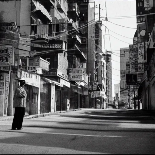 Prompt: 1950s Korean thriller film noir, a view of Shin Sang-ok in the middle of an empty scene, 35mm film, Cooke Varotal 20-100 T3.1