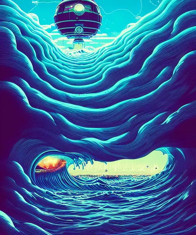 Image similar to an ocean wave swirling in the sky by simon stalenhag and dan mumford, surrealism, hyper detailed, retrowave, solarpunk