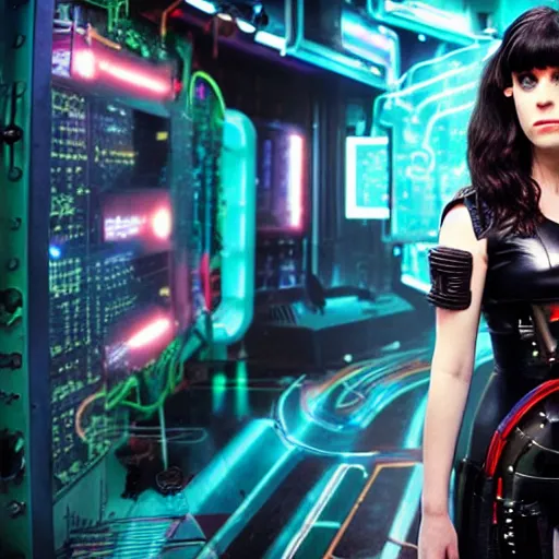 Prompt: studio photo of cyberpunk cyborg zooey deschanel