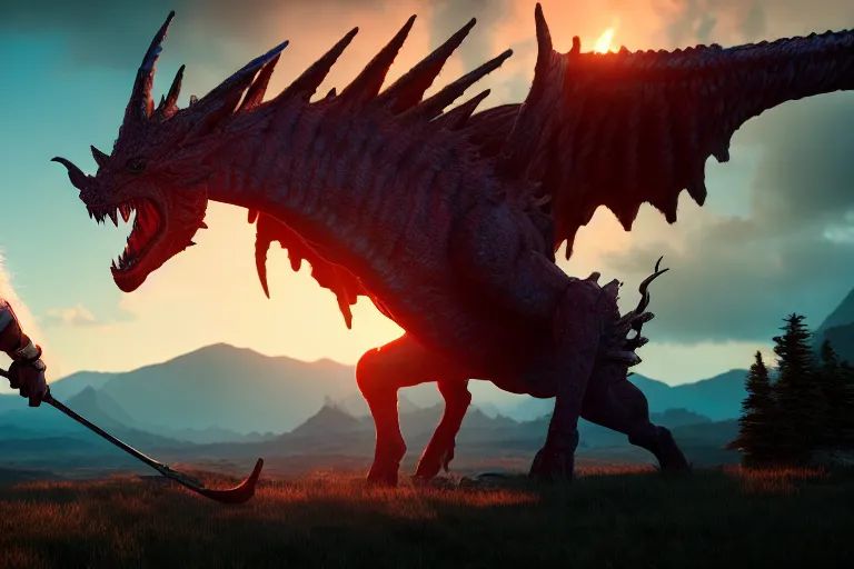 Image similar to scaled mythical creatures threatens the humankind. kaizu, highlight scene of movie, box office hit, sunset horizon, high quality, highly detailed 8 k, unreal engine 5, artstation