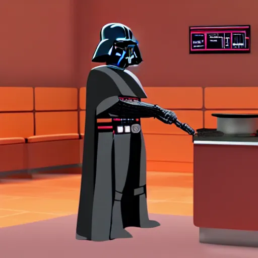 Image similar to darth vador working at dunkin donuts , 8k cinematic lighting, very sharp detail, anatomically correct