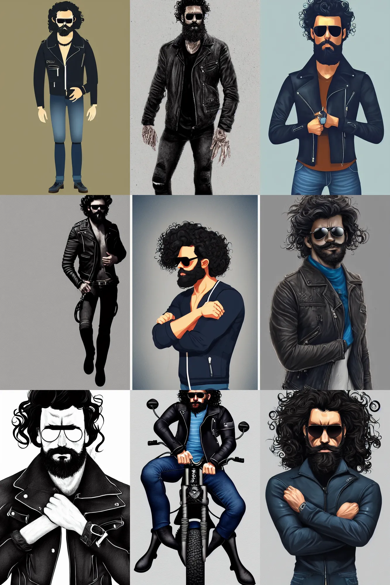 Prompt: Picture of a male biker, tough, burly, dark skin, jet black tuffe coat, aviator shades, dark blue jeans, long curly hair, unkempt beard, serious look, armfold pose!, smooth, sharp focus, digital illustration, artstation