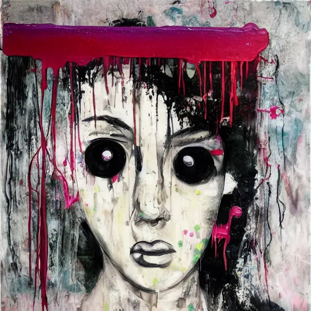 Prompt: “ a portrait in a female art student ’ s apartment, hakone checkpoint, sensual, art supplies, a candle dripping white wax, berry juice drips, acrylic and spray paint and oilstick on canvas, surrealism, neoexpressionism ”